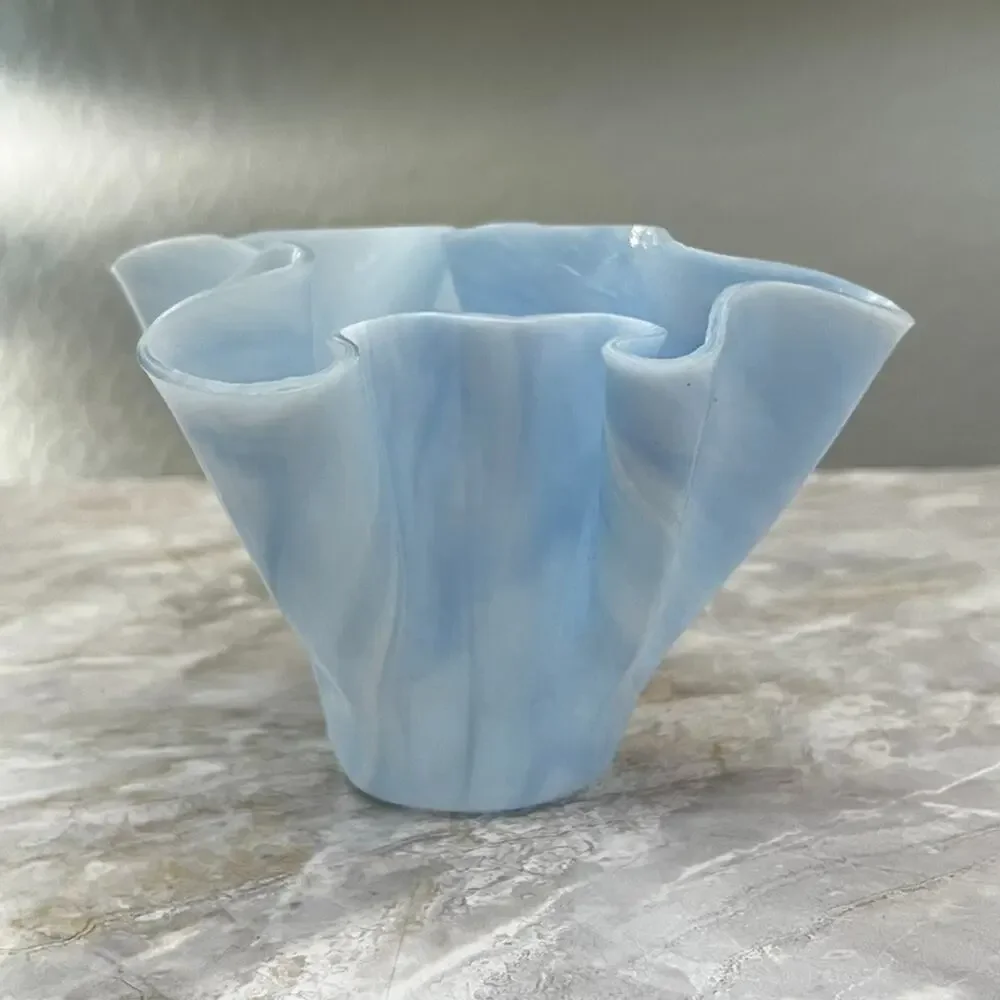 Art Glass Vase Opalescent Blue White Ruffled Handkerchief Murano Style